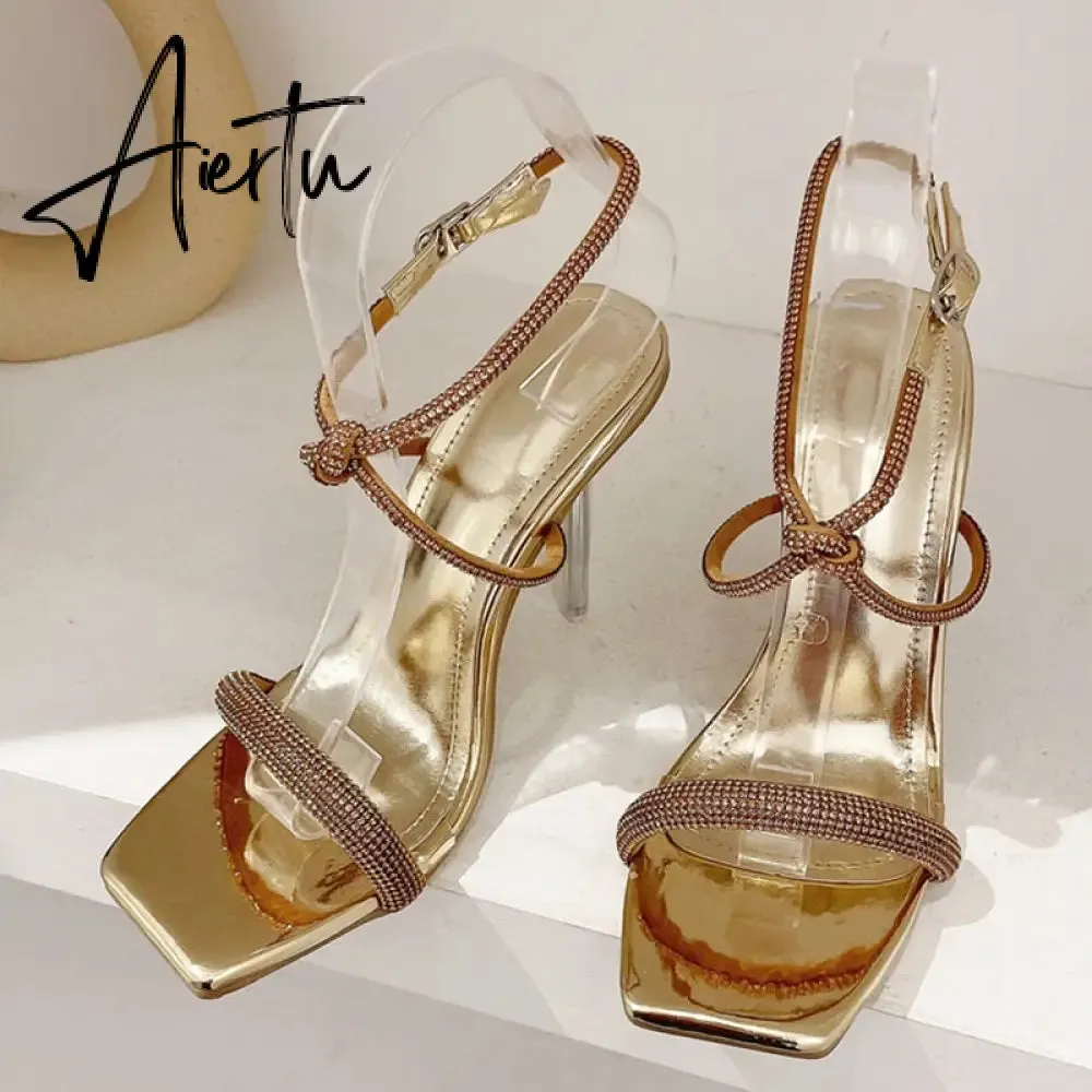Fashion Golden Silver Rhinestone Women's Sandals Summer Party Wedding Shoes Open Toe Buckle Strap Transparent High Heels