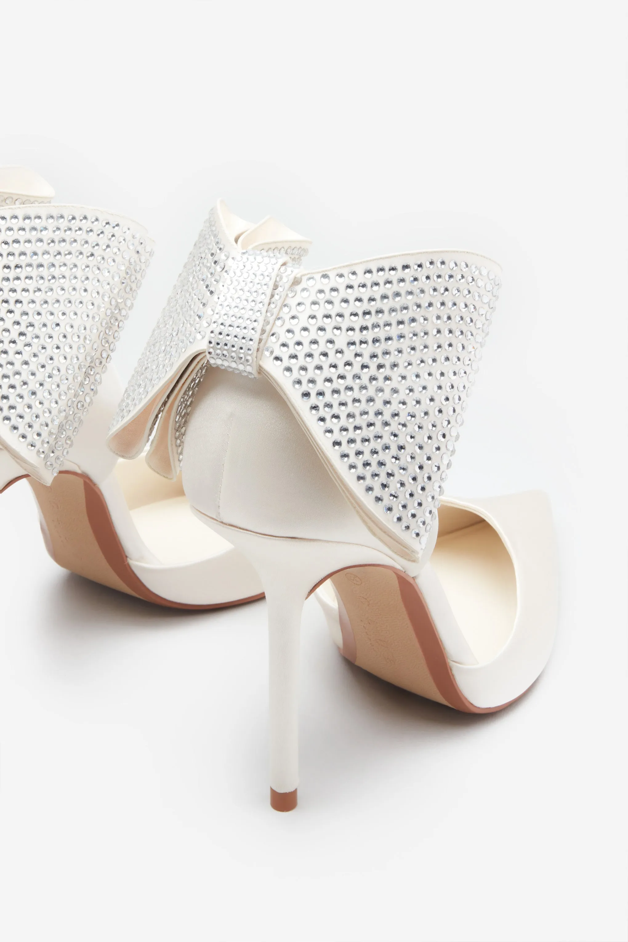 Sparkling Ivory Satin Pointed Court Heels Adorned With Glittering Diamante Bows