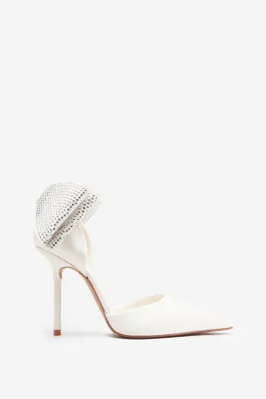 Sparkling Ivory Satin Pointed Court Heels Adorned With Glittering Diamante Bows