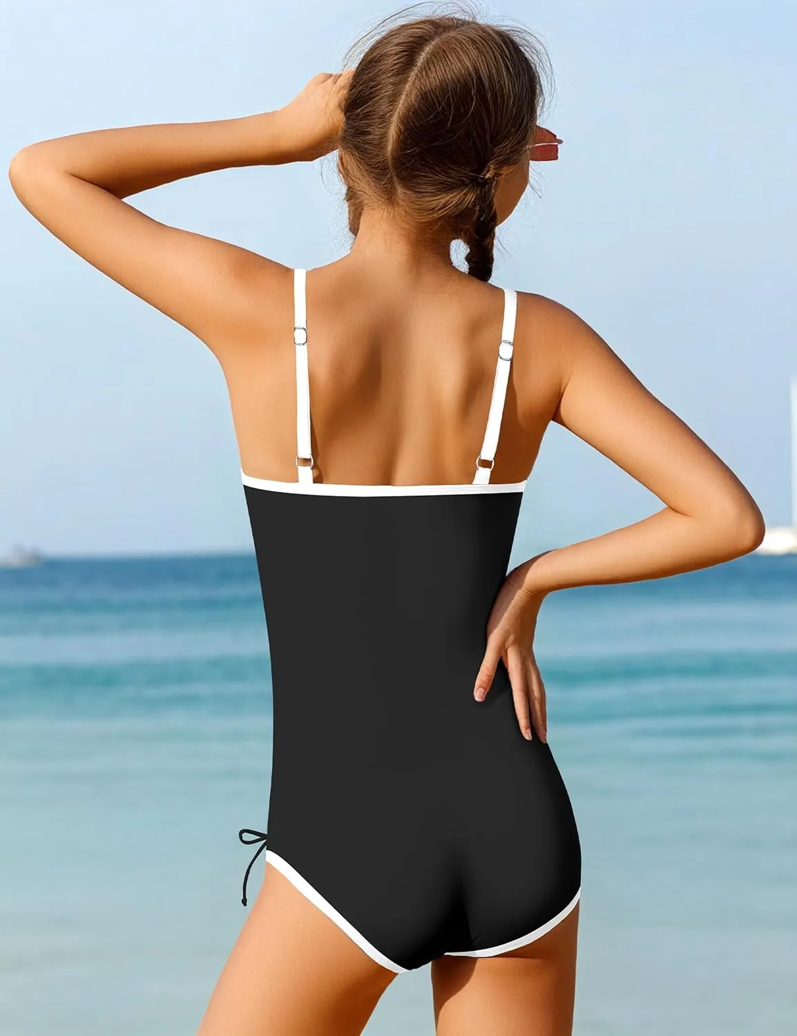 Girls Swimsuit One Piece Bathing Suit Color Block Strap Swimwear Drawstring Swimsuits for Teens 9-16Y with Padded