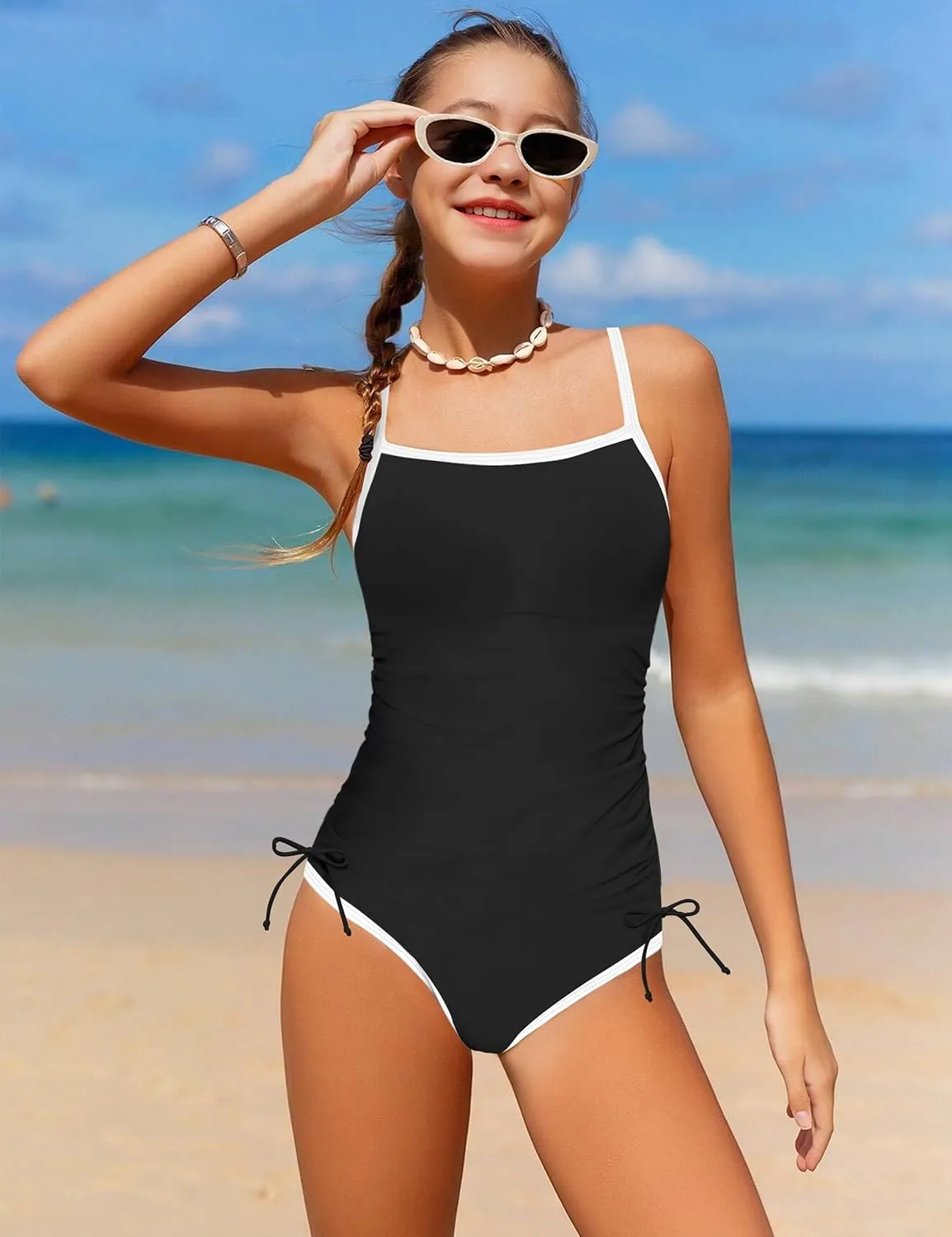 Girls Swimsuit One Piece Bathing Suit Color Block Strap Swimwear Drawstring Swimsuits for Teens 9-16Y with Padded