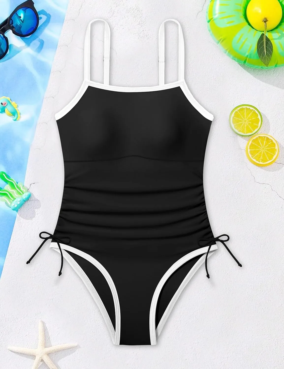 Girls Swimsuit One Piece Bathing Suit Color Block Strap Swimwear Drawstring Swimsuits for Teens 9-16Y with Padded