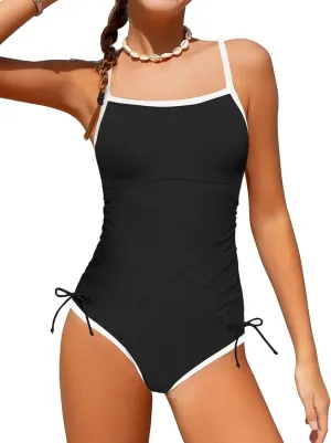Girls Swimsuit One Piece Bathing Suit Color Block Strap Swimwear Drawstring Swimsuits for Teens 9-16Y with Padded