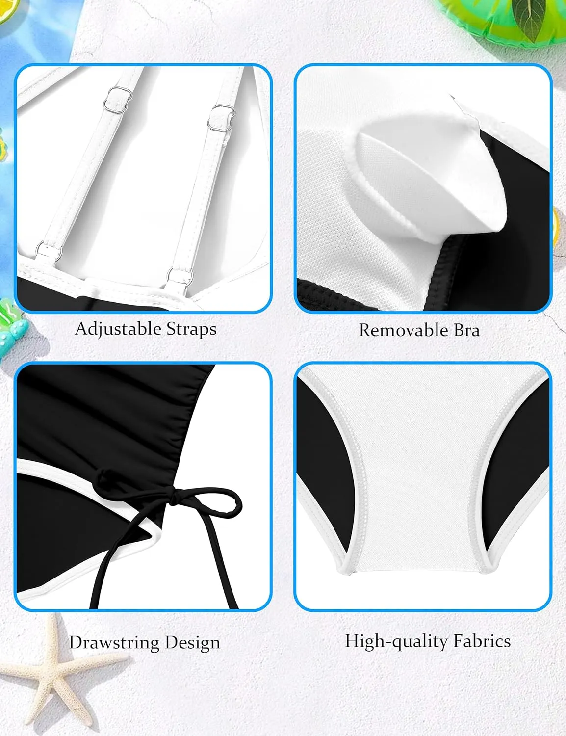 Girls Swimsuit One Piece Bathing Suit Color Block Strap Swimwear Drawstring Swimsuits for Teens 9-16Y with Padded