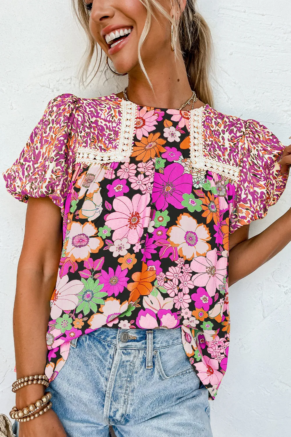 Green Bubble Sleeve Lace Trim Mixed Floral Blouse