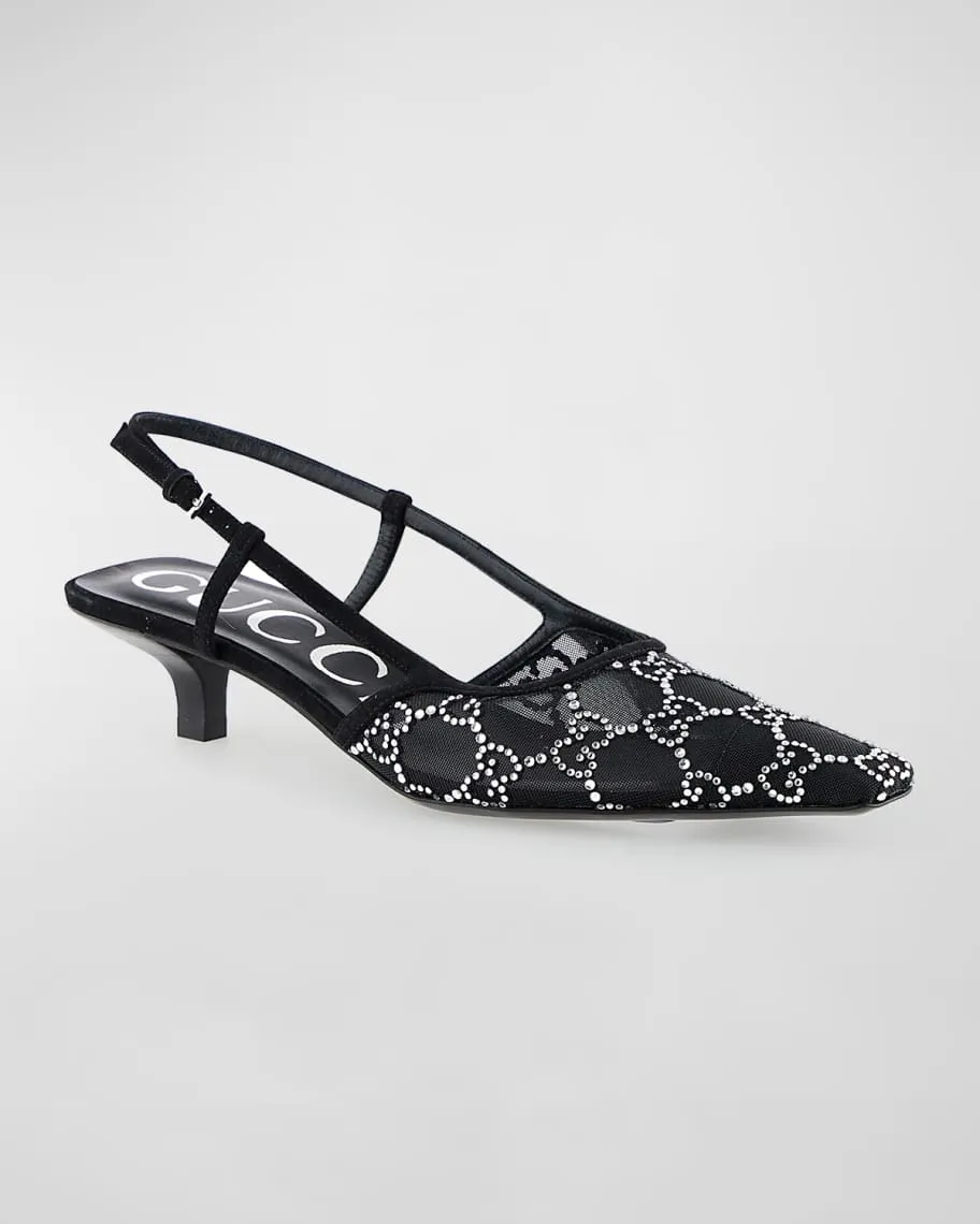 Gucci Tom Crystal GG Mesh Slingback Pumps