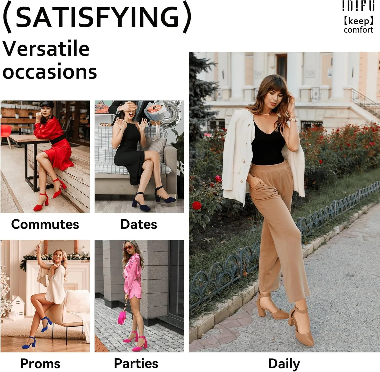 IDIFU IN3 Women's Chunky Block Heels Dress Shoes for Women - Dressy Wedding Bridal Prom Shoes - Pointed Toe Ankle Strap Comfortable Short Thick Heels