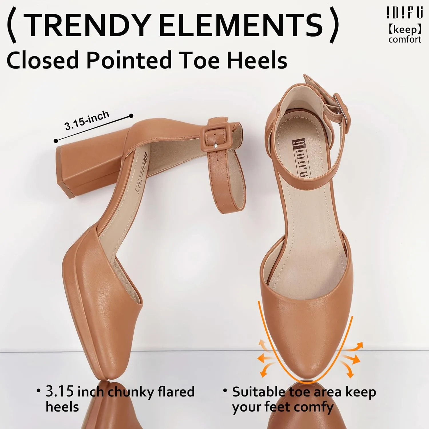 IDIFU IN3 Women's Chunky Block Heels Dress Shoes for Women - Dressy Wedding Bridal Prom Shoes - Pointed Toe Ankle Strap Comfortable Short Thick Heels