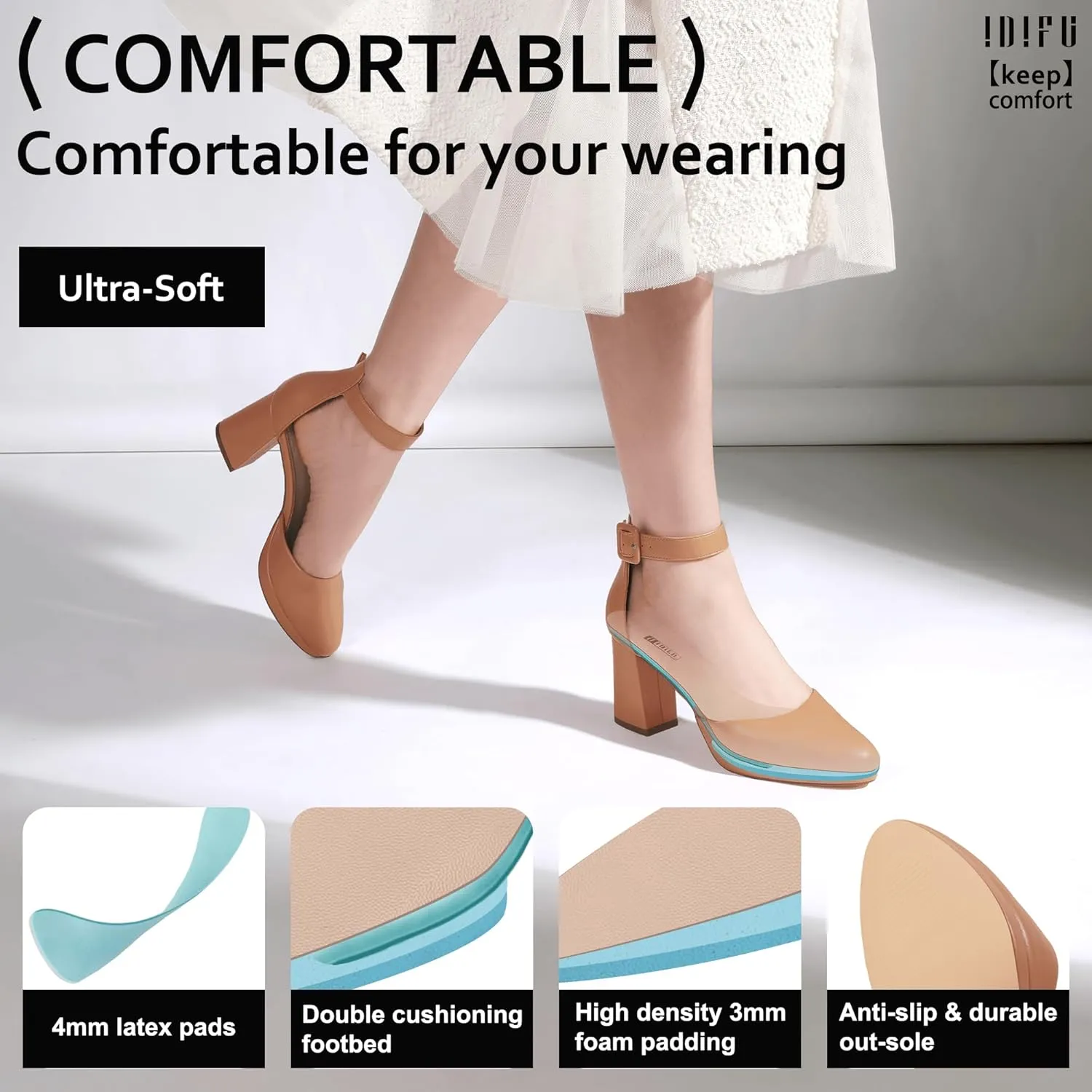 IDIFU IN3 Women's Chunky Block Heels Dress Shoes for Women - Dressy Wedding Bridal Prom Shoes - Pointed Toe Ankle Strap Comfortable Short Thick Heels