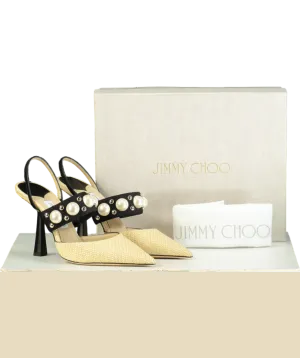 Jimmy Choo Natural raffia Breslin 100mm Pearl detail Singback Pumps UK 6.5 EU 39.5 👠
