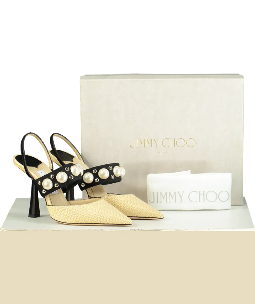 Jimmy Choo Natural raffia Breslin 100mm Pearl detail Singback Pumps UK 6.5 EU 39.5 👠