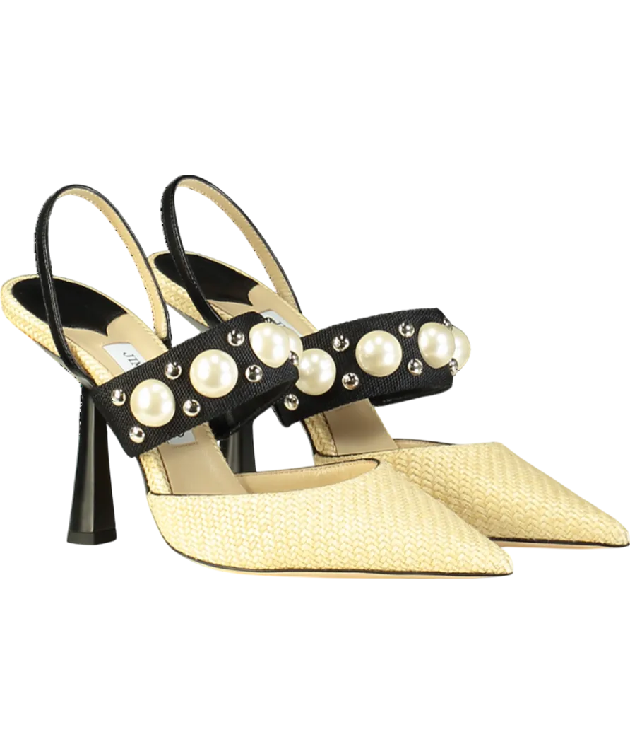 Jimmy Choo Natural raffia Breslin 100mm Pearl detail Singback Pumps UK 6.5 EU 39.5 👠