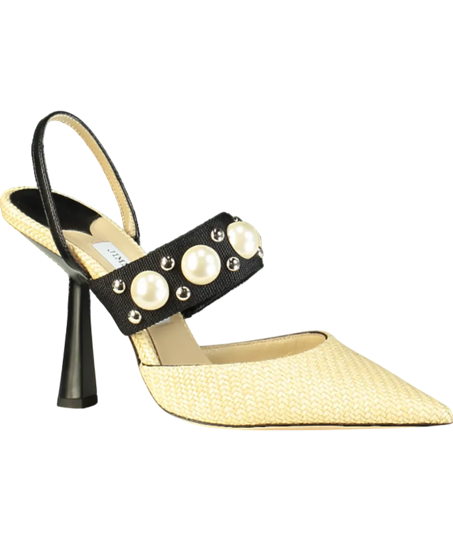 Jimmy Choo Natural raffia Breslin 100mm Pearl detail Singback Pumps UK 6.5 EU 39.5 👠