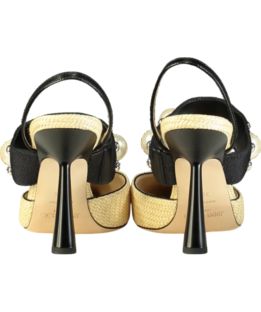 Jimmy Choo Natural raffia Breslin 100mm Pearl detail Singback Pumps UK 6.5 EU 39.5 👠