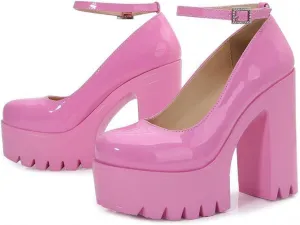 KOKOMOMO Womens Round Toe Platform Ankle Strap Pumps Chunky High Heels Goth Shoes