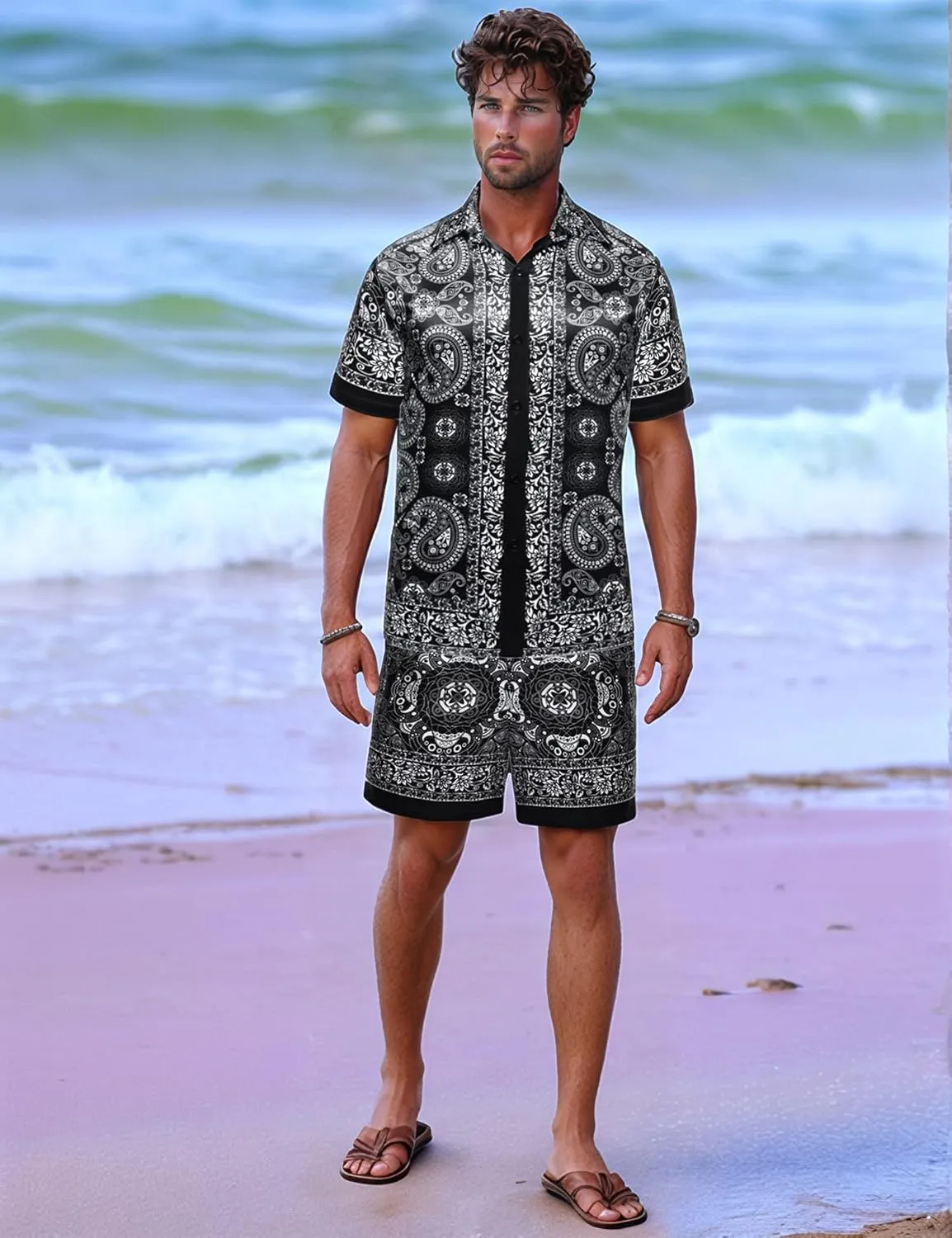 Mens Hawaiian Shirt Sets Satin Silk Casual Button Down Shirts 2 Piece Luxury Summer Beach Outfits for Men