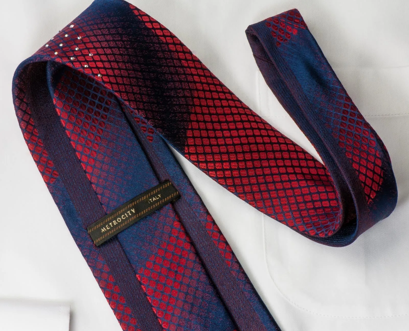 Metro City Silk Tie Red Geometric Design On Blue With Rhinestones