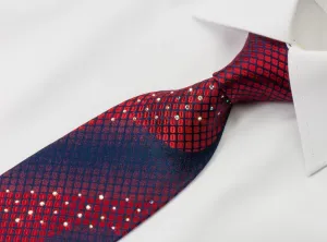 Metro City Silk Tie Red Geometric Design On Blue With Rhinestones