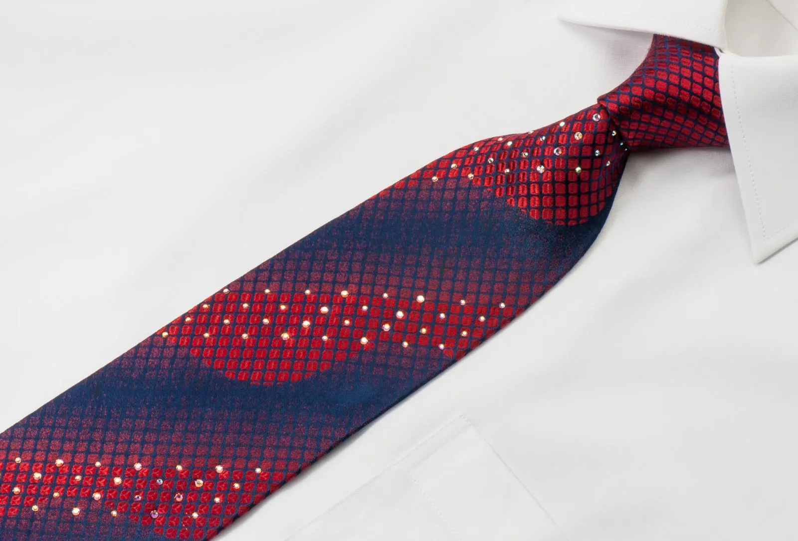 Metro City Silk Tie Red Geometric Design On Blue With Rhinestones