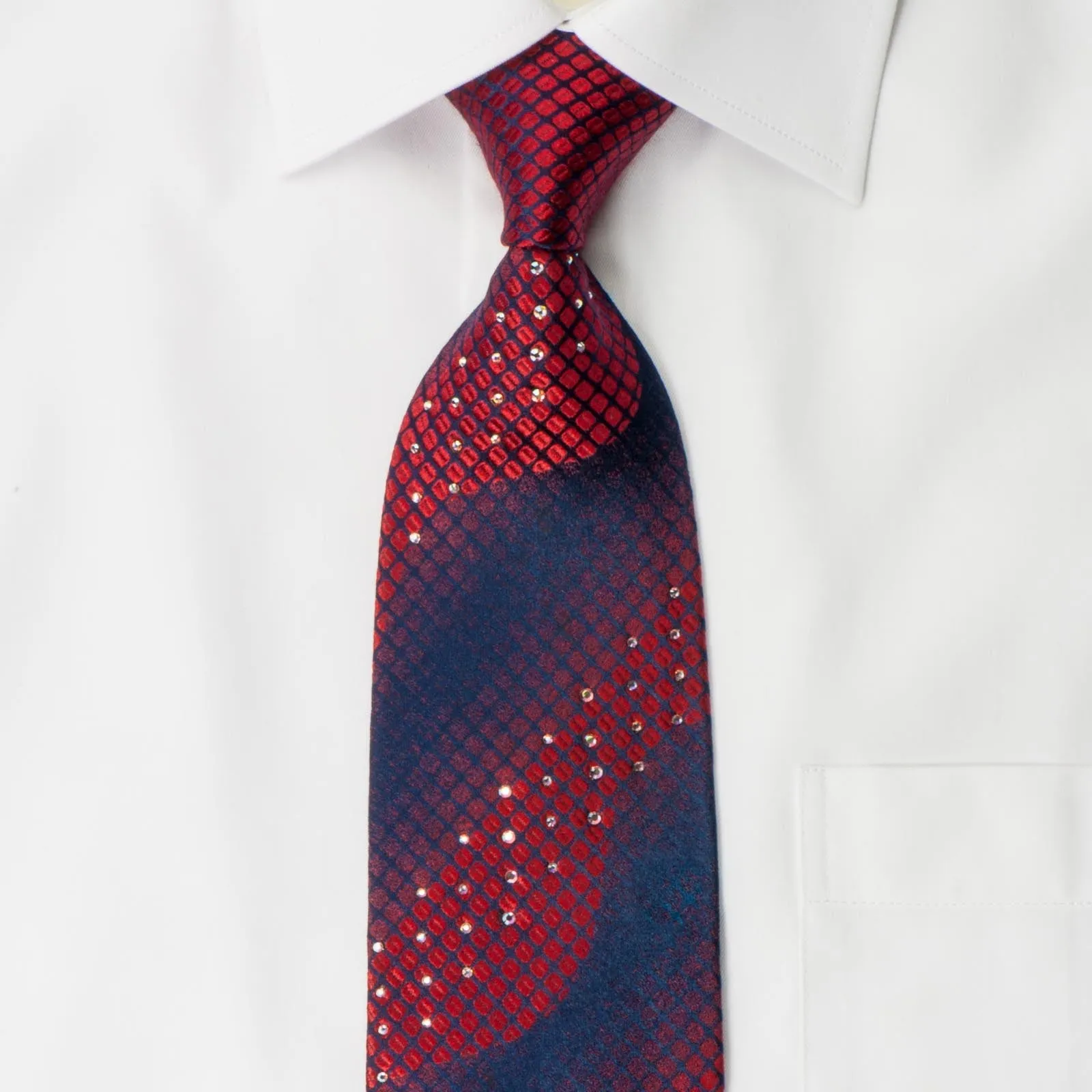 Metro City Silk Tie Red Geometric Design On Blue With Rhinestones