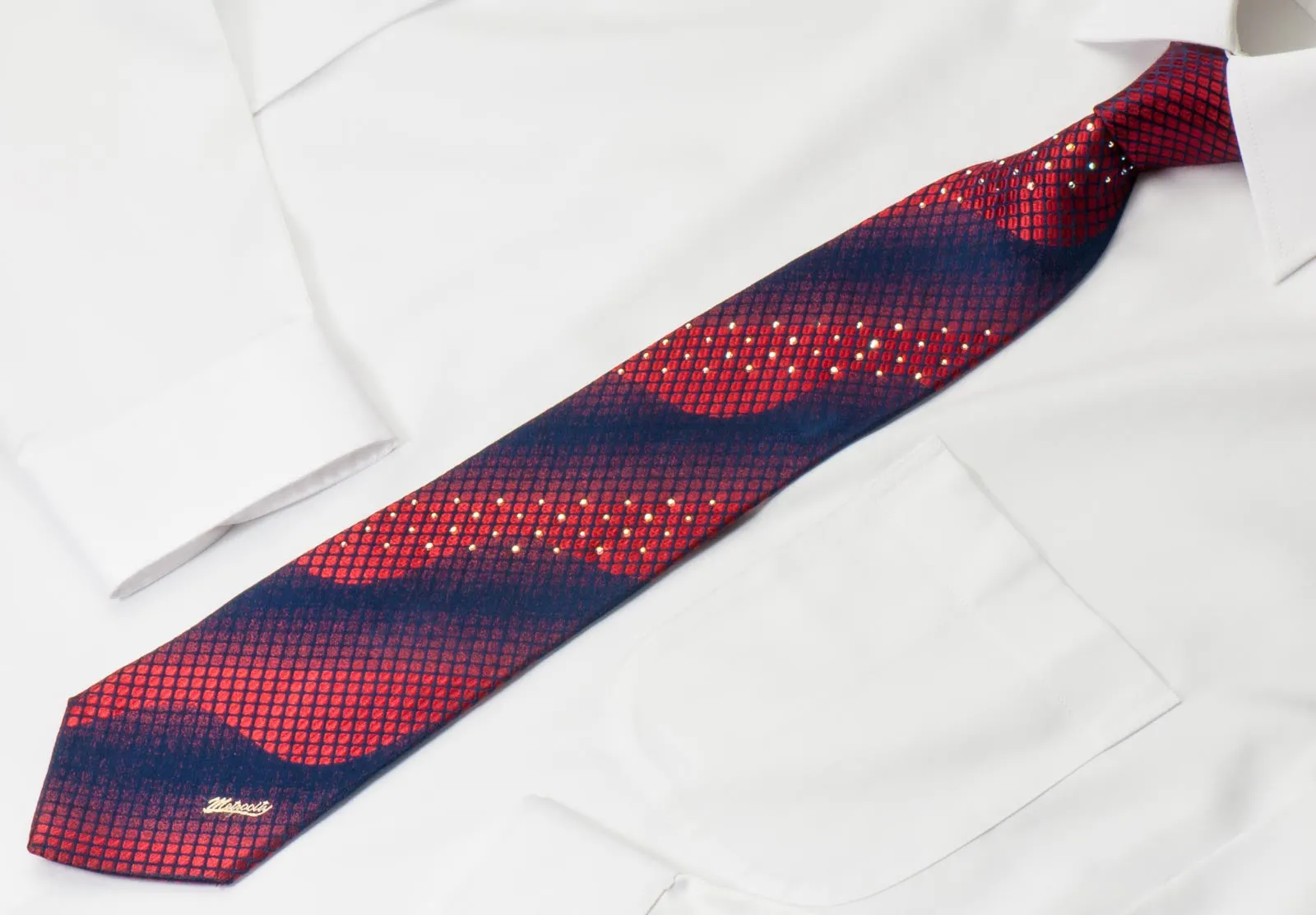 Metro City Silk Tie Red Geometric Design On Blue With Rhinestones