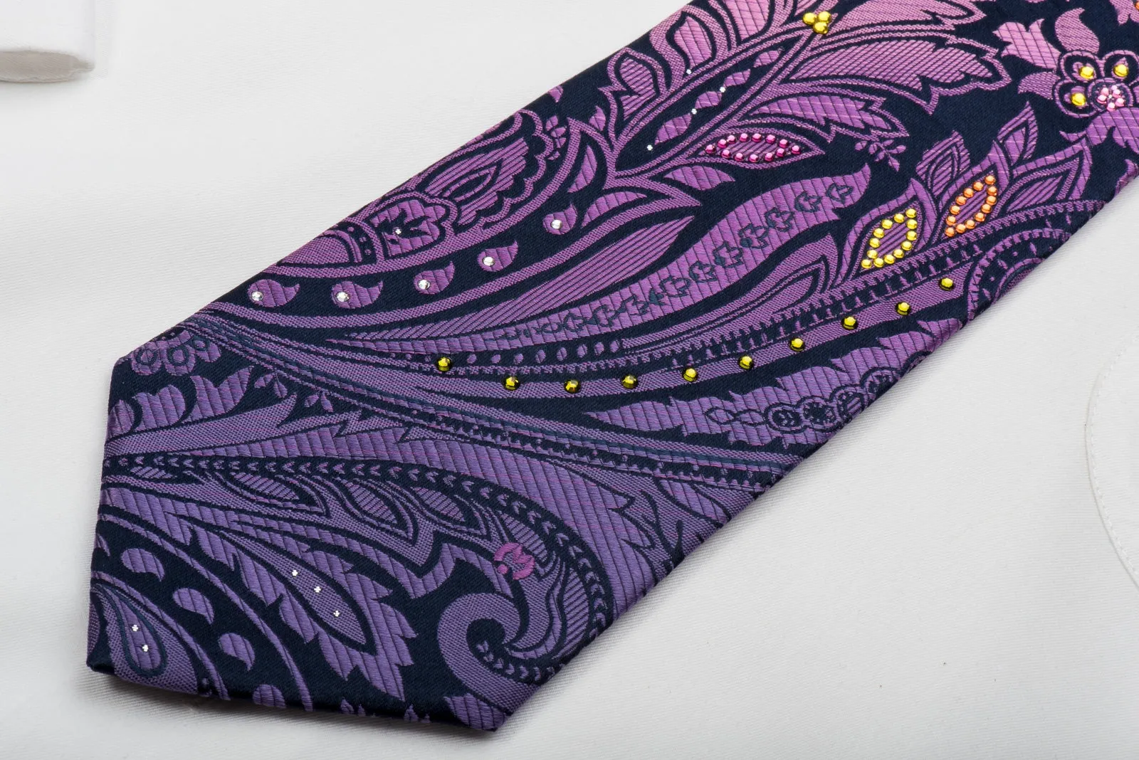 Mila Schon Rhinestone Silk Necktie Purple Acanthus On Navy With Sparkles