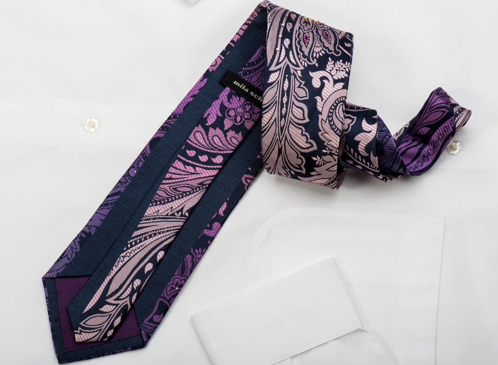 Mila Schon Rhinestone Silk Necktie Purple Acanthus On Navy With Sparkles