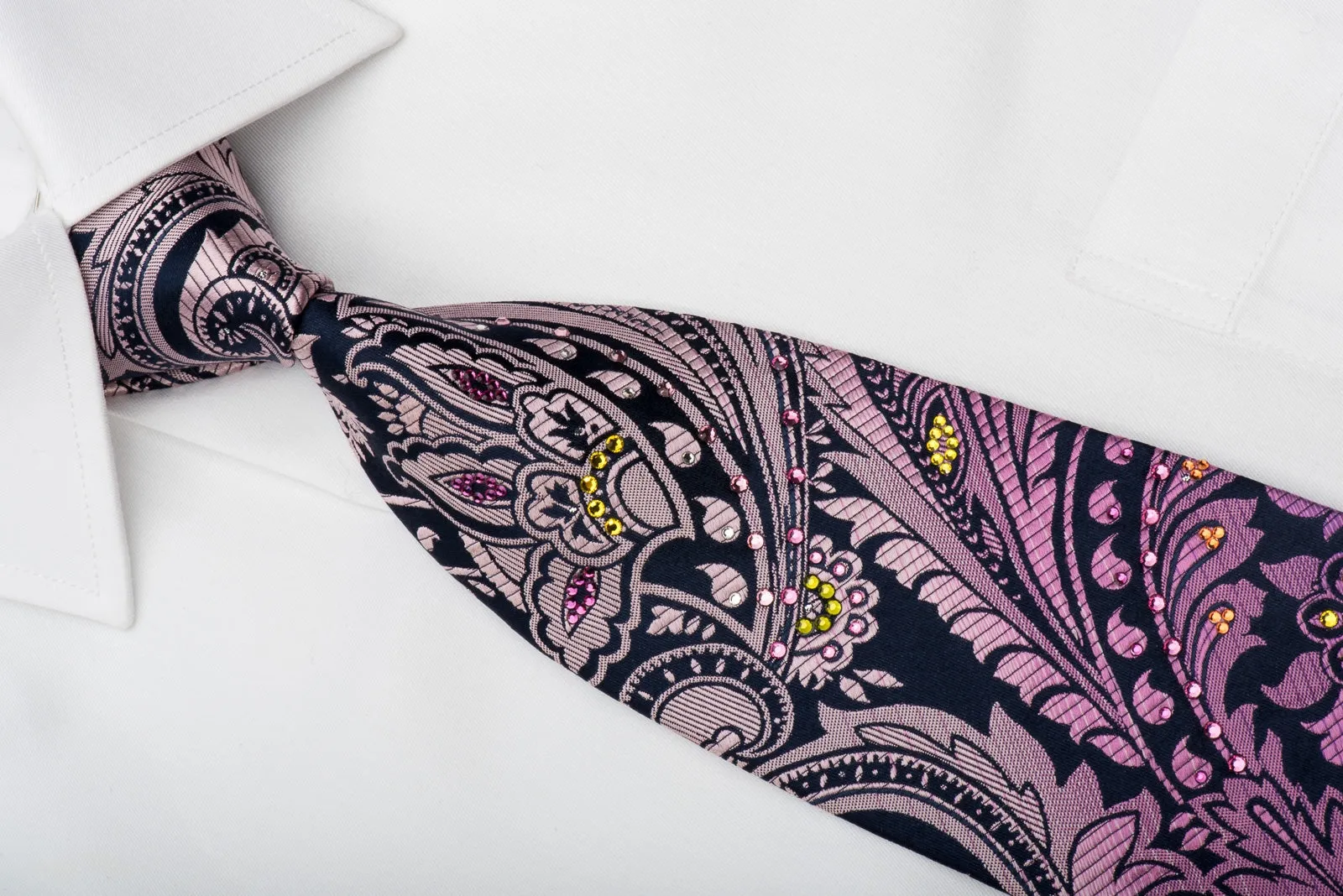 Mila Schon Rhinestone Silk Necktie Purple Acanthus On Navy With Sparkles
