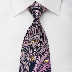 Mila Schon Rhinestone Silk Necktie Purple Acanthus On Navy With Sparkles
