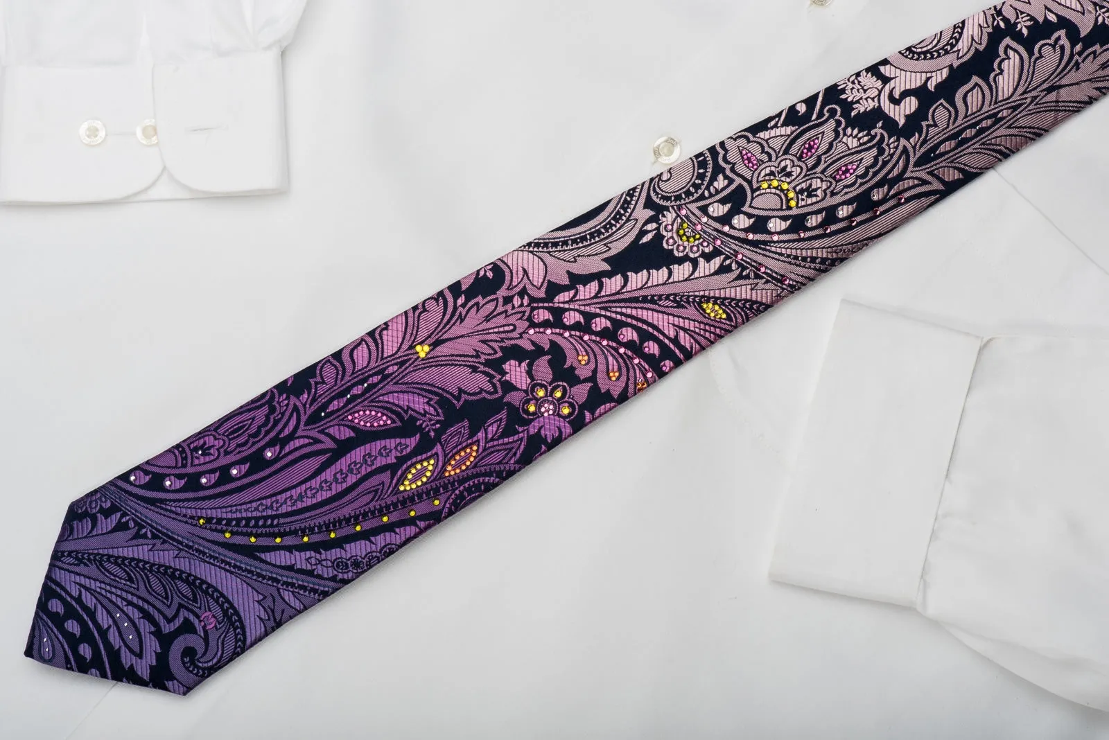 Mila Schon Rhinestone Silk Necktie Purple Acanthus On Navy With Sparkles