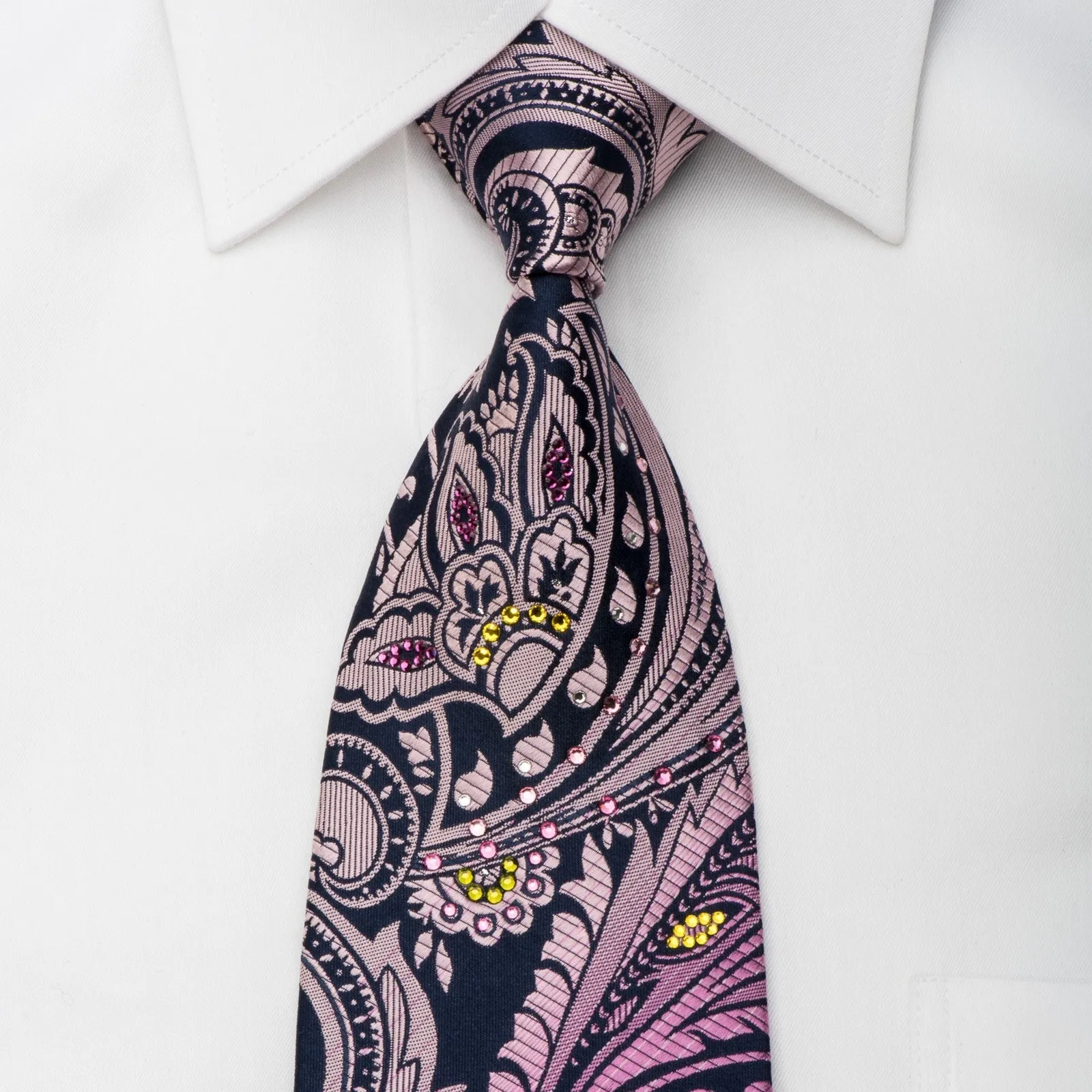 Mila Schon Rhinestone Silk Necktie Purple Acanthus On Navy With Sparkles