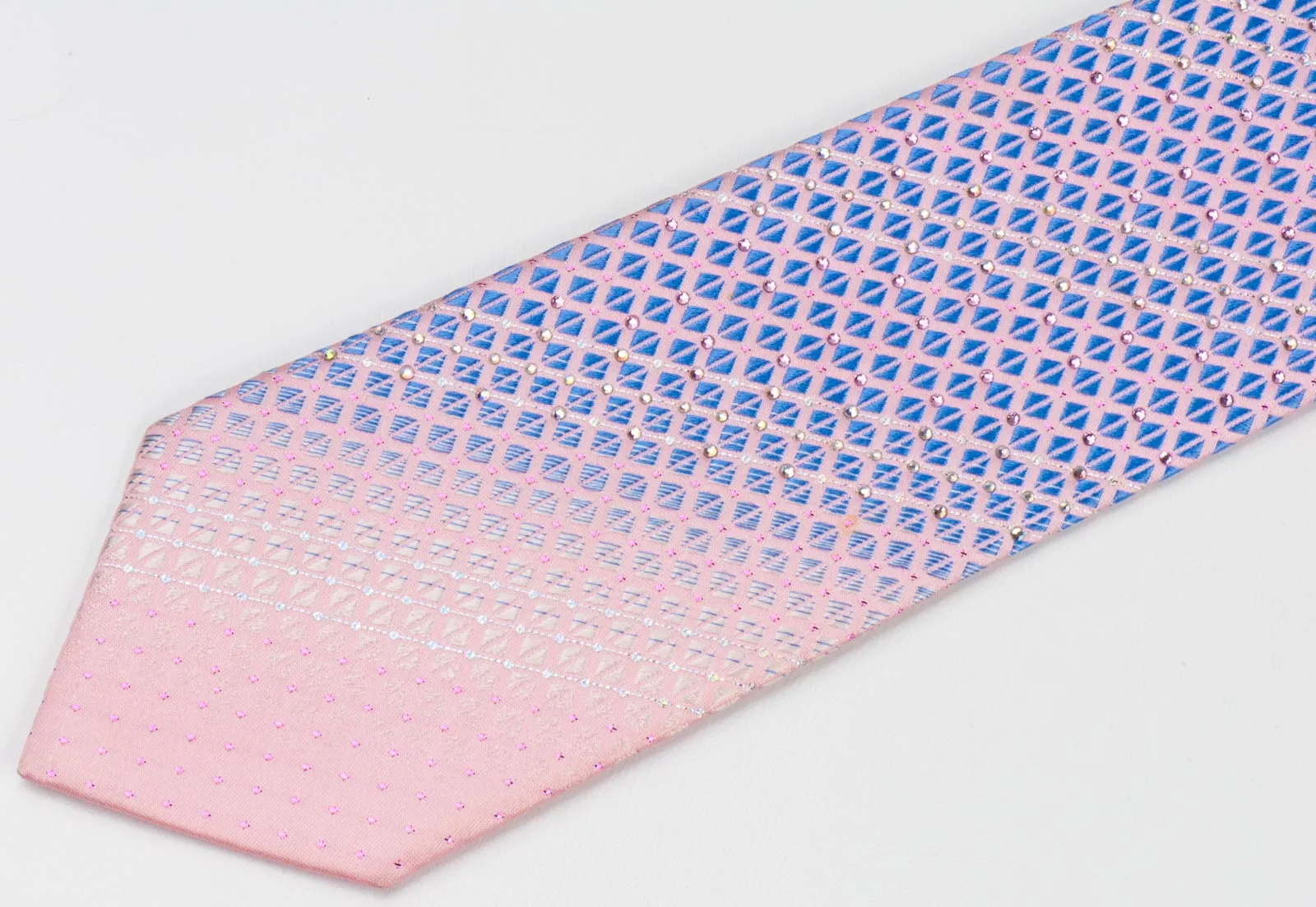 Pierre Cardin Men's Silk Rhinestone Neck Tie Blue Checked On Pink With Silver Sparkles