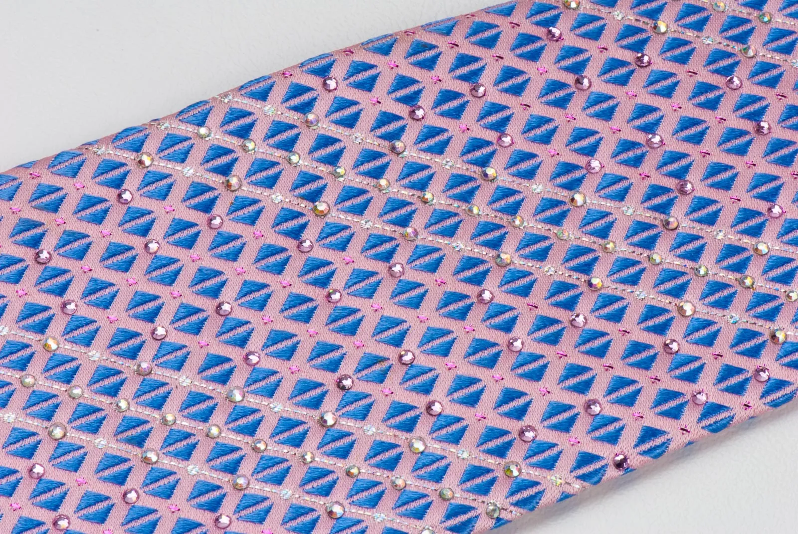 Pierre Cardin Men's Silk Rhinestone Neck Tie Blue Checked On Pink With Silver Sparkles