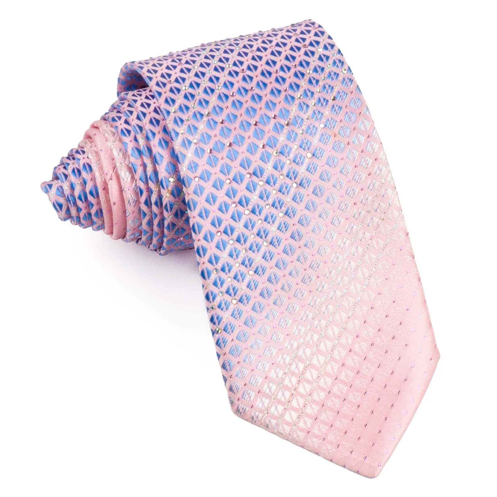 Pierre Cardin Men's Silk Rhinestone Neck Tie Blue Checked On Pink With Silver Sparkles