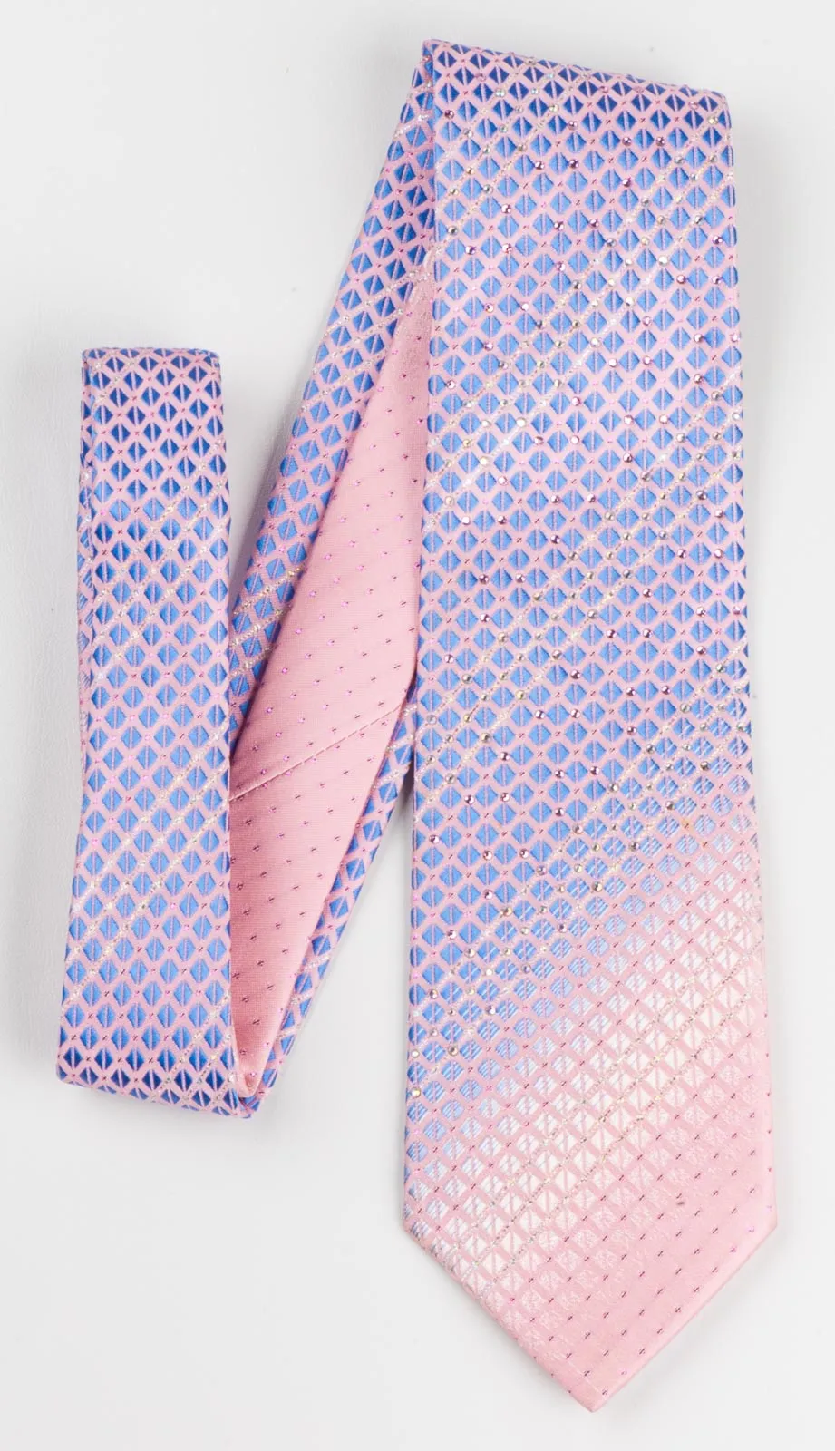 Pierre Cardin Men's Silk Rhinestone Neck Tie Blue Checked On Pink With Silver Sparkles