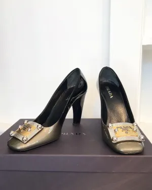 PRADA Patent Leather Logo Plate Square Toe High-Heel Pumps