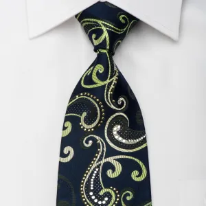 Remizio Rhinestone Silk Necktie Scrolls On Green With Silver Sparkles