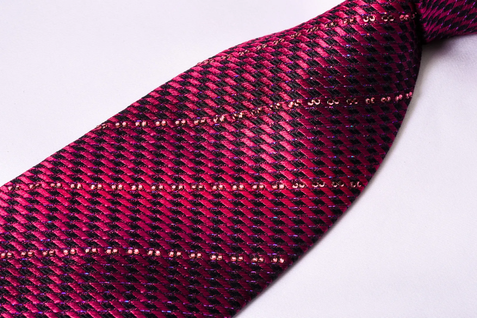 Renoma Silk Necktie Purple Striped Rhinestones On Purple With Silver Sparkles