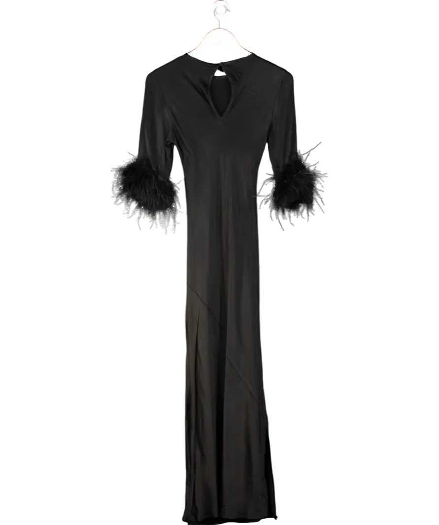 Rewritten Black Dolly Feather Sleeve Satin Bias Cut Midi Dress UK 8