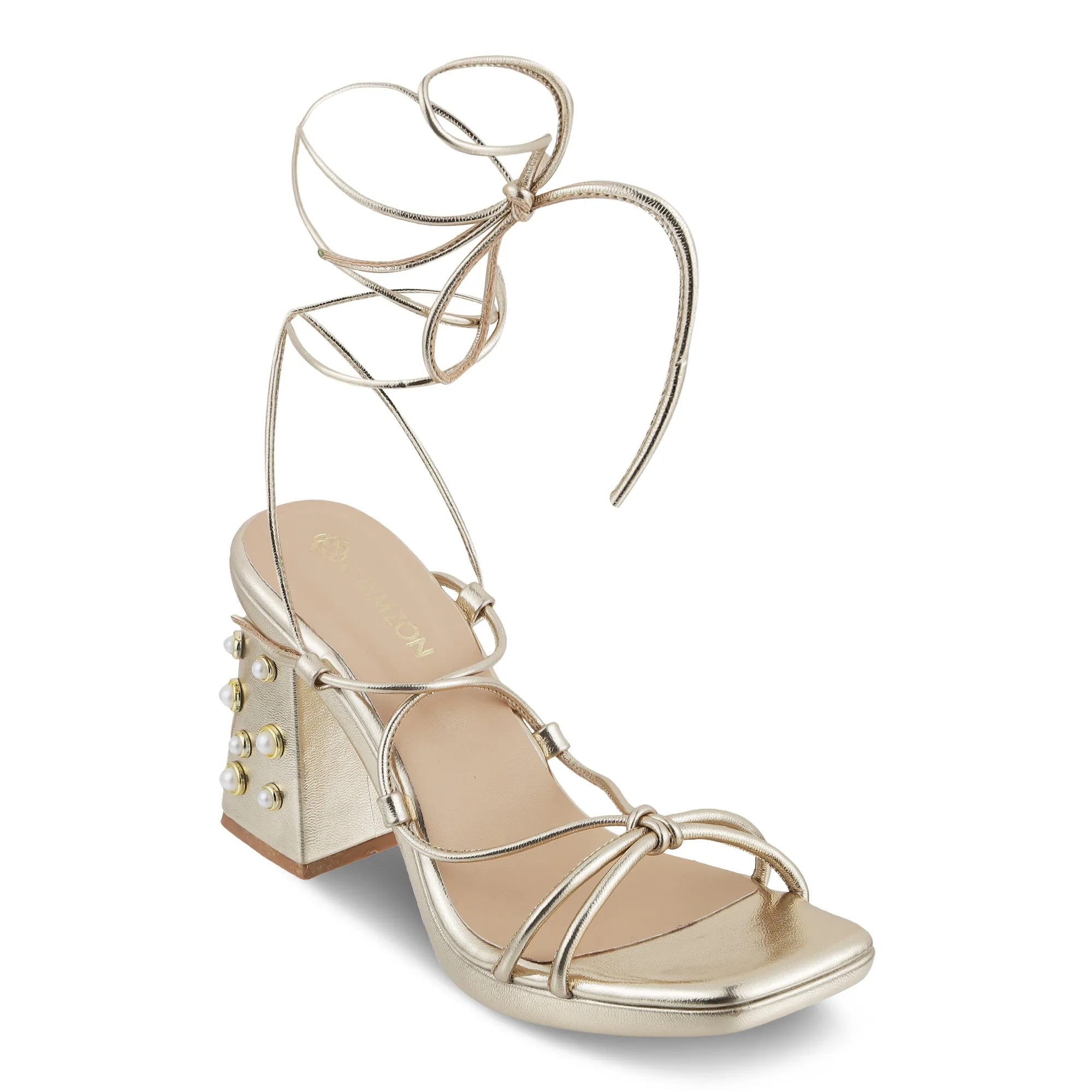 RIHANNA- GOLD TIE UP BLOCK HEELS