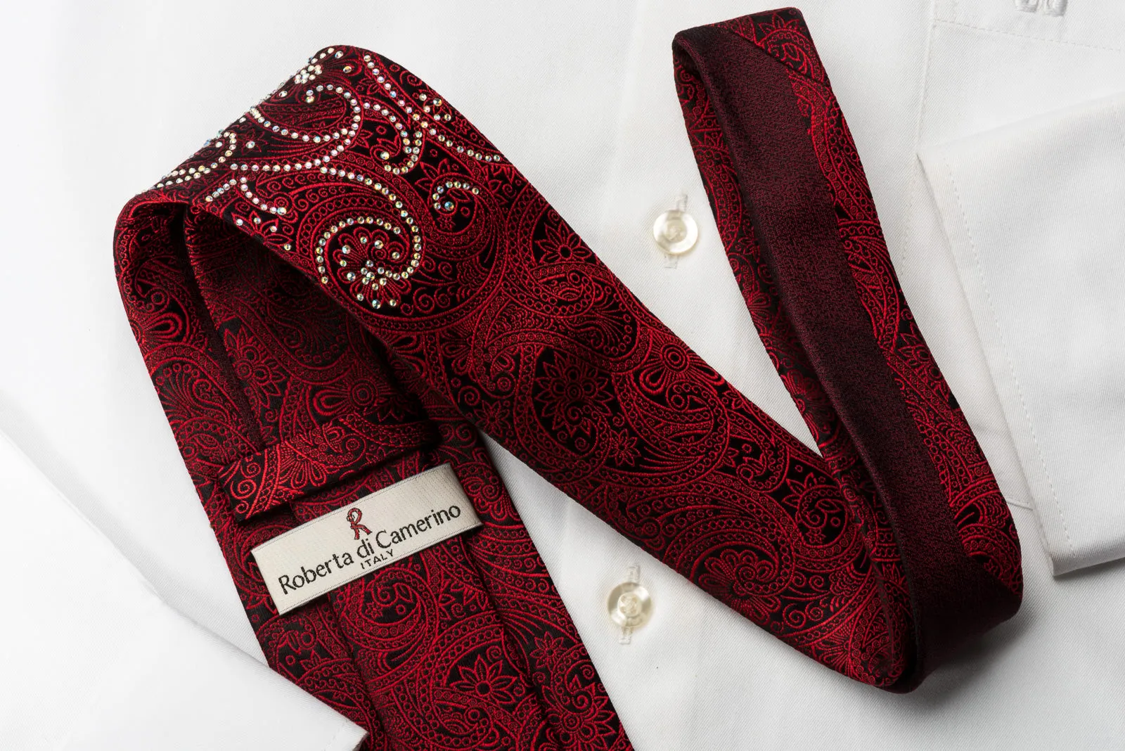 Roberta di Camerino Red Paisley Rhinestones On Black Woven Silk