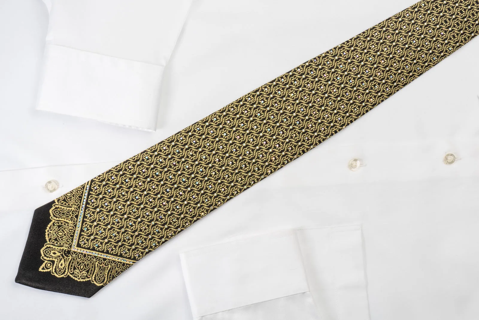 Roberta di Camerino Silk Rhinestone Necktie Golden Damask On Black