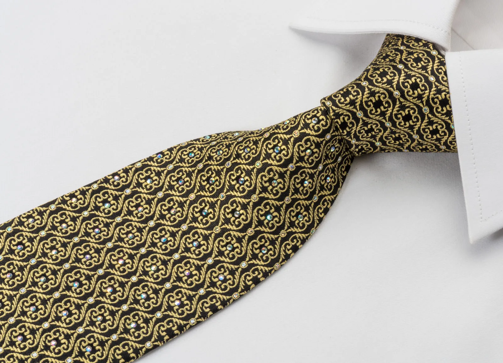 Roberta di Camerino Silk Rhinestone Necktie Golden Damask On Black