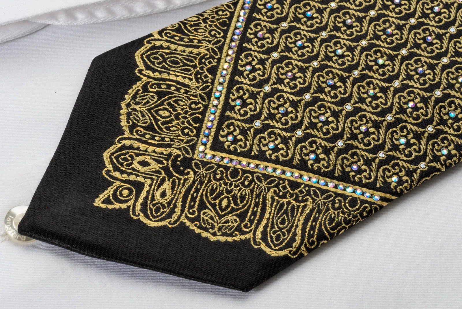 Roberta di Camerino Silk Rhinestone Necktie Golden Damask On Black