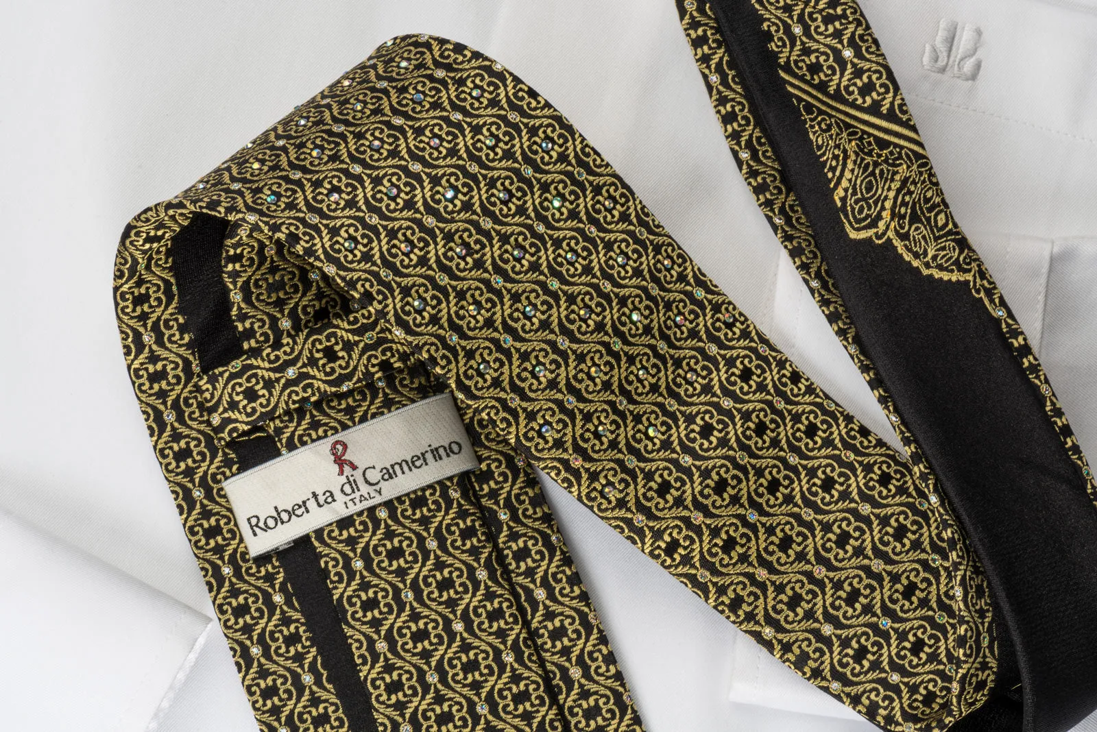 Roberta di Camerino Silk Rhinestone Necktie Golden Damask On Black