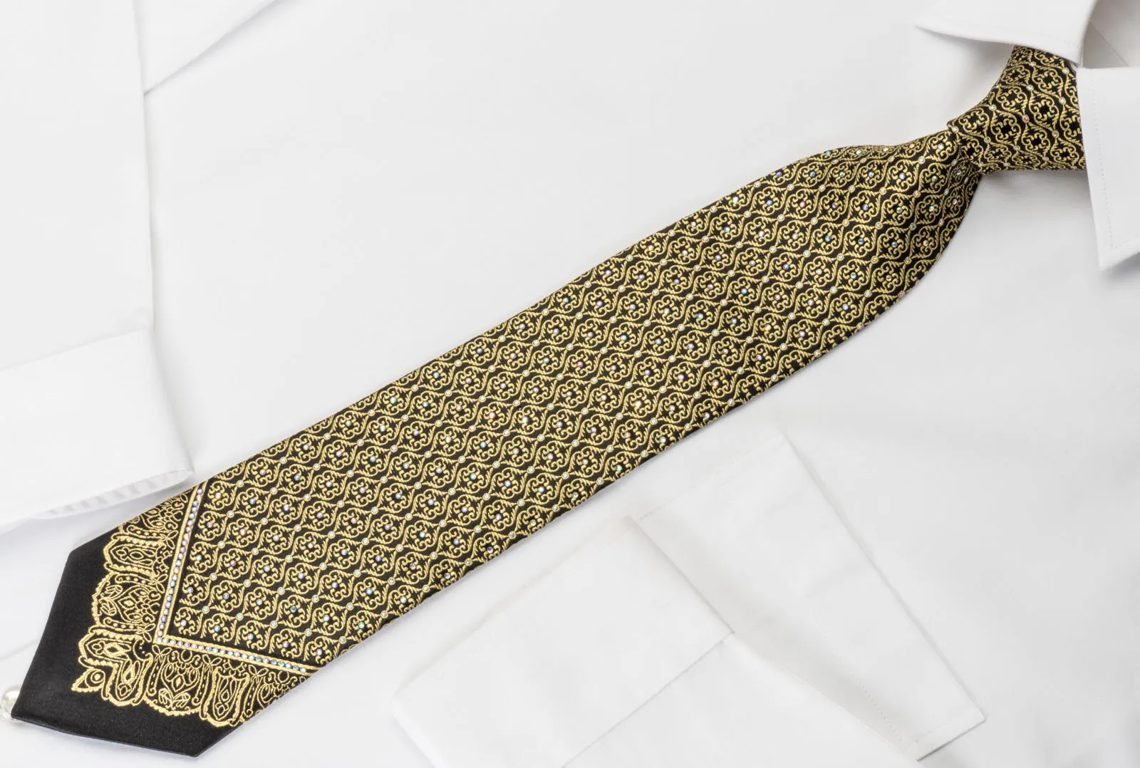 Roberta di Camerino Silk Rhinestone Necktie Golden Damask On Black