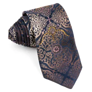 Roygen Rhinestone Silk Neck Tie Beige Damask Design On Black 3 1/4 Inch