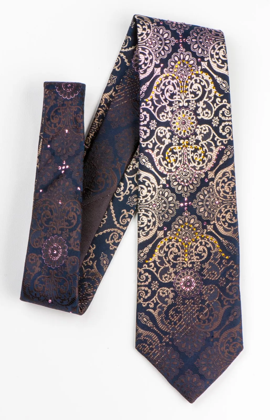 Roygen Rhinestone Silk Neck Tie Beige Damask Design On Black 3 1/4 Inch