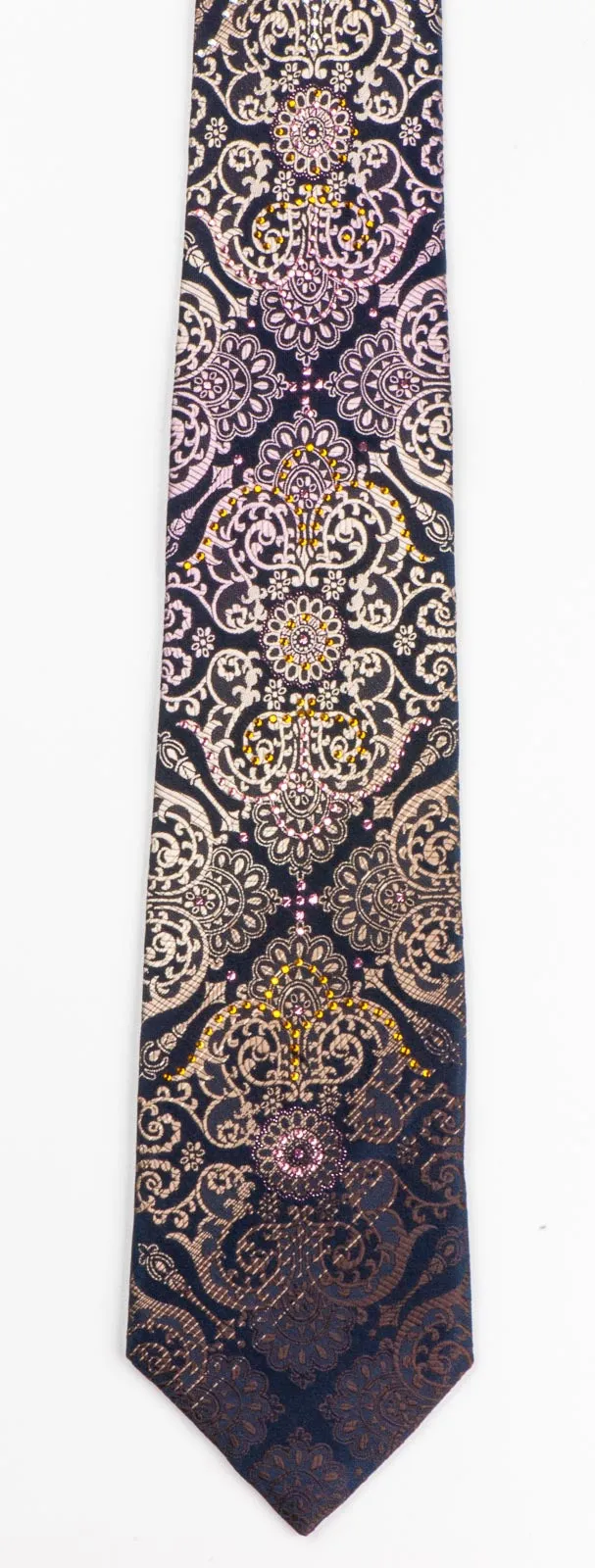 Roygen Rhinestone Silk Neck Tie Beige Damask Design On Black 3 1/4 Inch