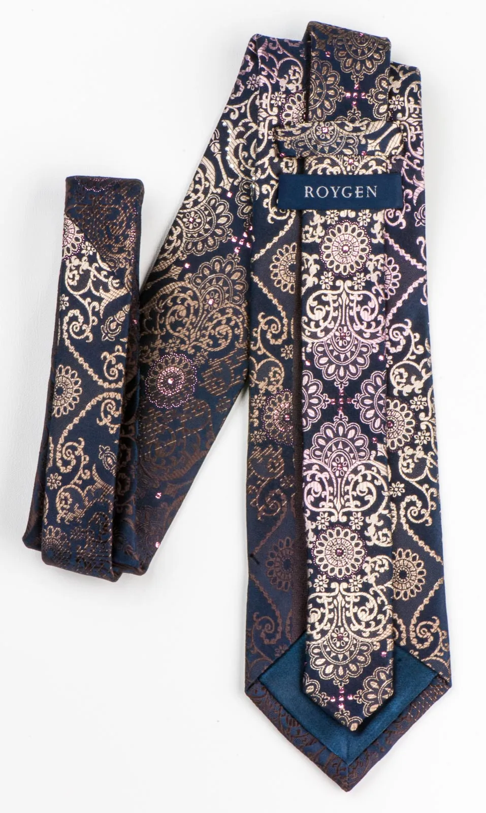 Roygen Rhinestone Silk Neck Tie Beige Damask Design On Black 3 1/4 Inch